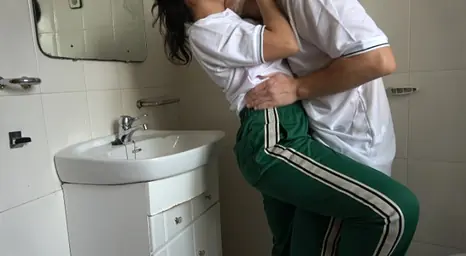 Daniela Fashionable & her college girl pal get caught & banged in bathroom by Mexican college girl